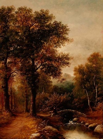 Un pescatore vicino a un ruscello nel bosco da Henry Harris