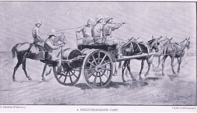 Un carro telegrafico da campo, da Dopo Pretoria: La guerra di guerriglia pubblicata da Harmsworth Bros Limited, 1901 da Henry Inglis Jodrel Sheldon Williams