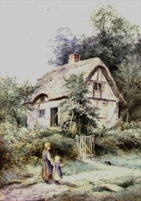 Due ragazze e un gattino vicino a un cottage con tetto di paglia da Henry John Sylvester Stannard