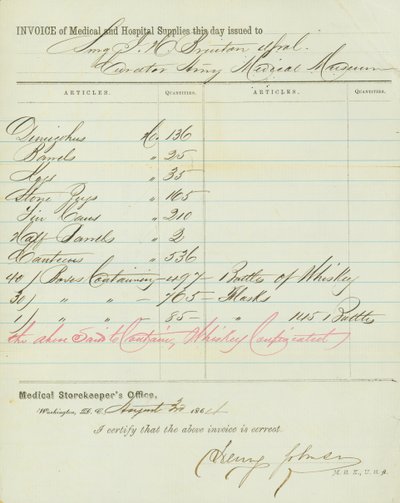 Fattura di forniture mediche e ospedaliere, firmata Henry Johnson, 30 agosto 1864 da Henry Johnson