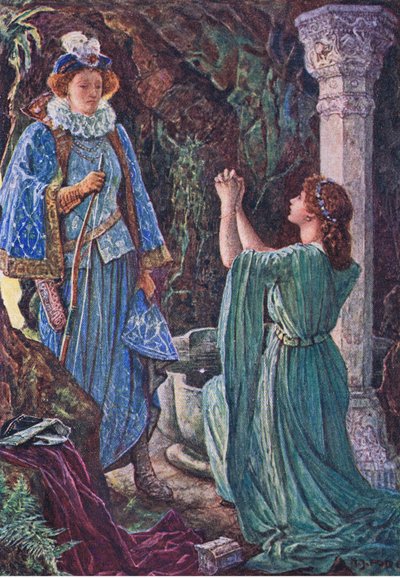 Elizabeth e Amy si incontrano nella grotta, illustrazione da Kenilworth, c.1910 da Henry Justice Ford
