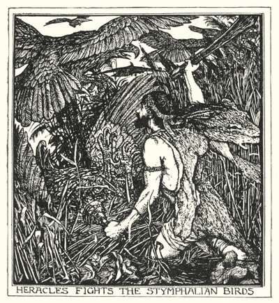 Eracle combatte gli uccelli Stinfalidi (litografia) da Henry Justice Ford