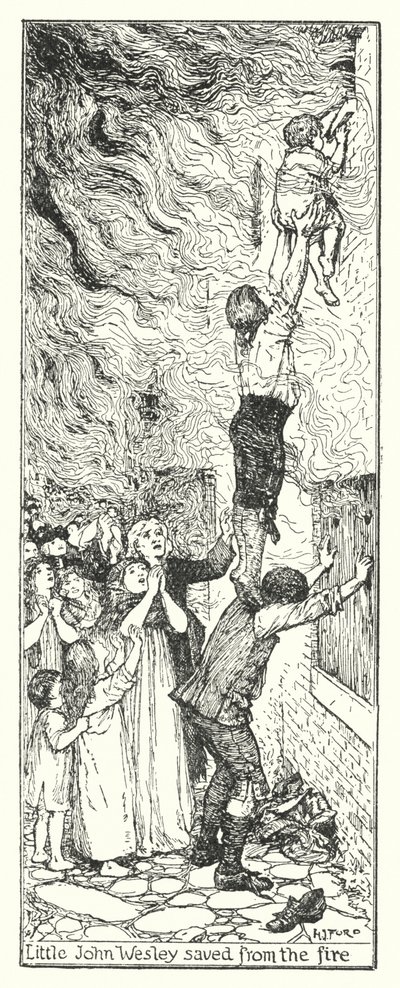 Il piccolo John Wesley salvato dal fuoco (litografia) da Henry Justice Ford