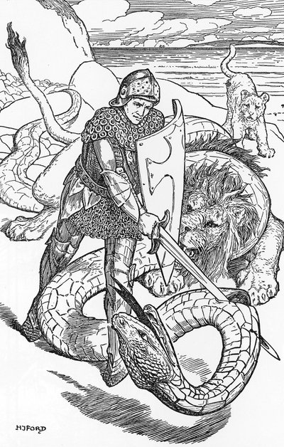 Percival combatte il serpente Illustrazione di HJ Ford (1860-1940) da 