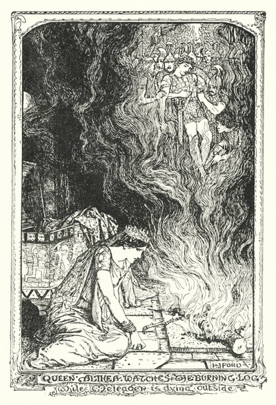 La regina Althea osserva il ceppo ardente mentre Meleagro muore fuori (litografia) da Henry Justice Ford