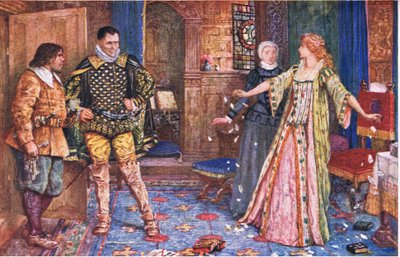 La Contessa di Leicester strappa la lettera del marito alla presenza di Varney e Foster, illustrazione da Kenilworth, c.1910 da Henry Justice Ford