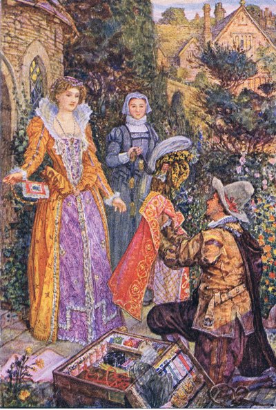 Wayland interpreta il ruolo di un venditore ambulante nel giardino, illustrazione da Kenilworth, c.1910 da Henry Justice Ford