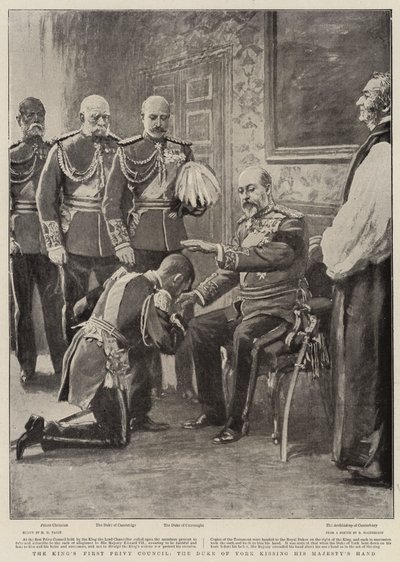 Il primo consiglio privato del re, il duca di York bacia la mano di Sua Maestà da Henry Marriott Paget
