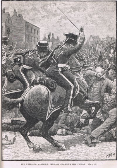 Il massacro di Peterloo con gli ussari che caricano la folla, illustrazione da 