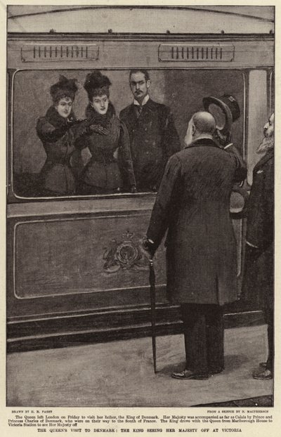La visita della Regina in Danimarca, il Re che saluta Sua Maestà alla stazione Victoria da Henry Marriott Paget