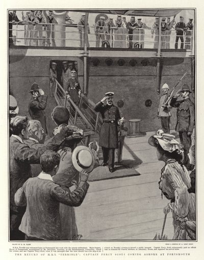 Il ritorno di H.M.S. Terrible, il capitano Percy Scott sbarca a Portsmouth da Henry Marriott Paget
