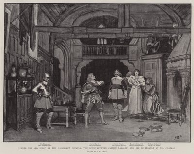 Sotto la veste rossa al Teatro Haymarket, la scena tra il capitano Larolle e Gil de Berault al castello da Henry Marriott Paget