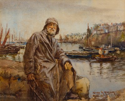 Pescatore sul muro del porto di Newlyn, 1920 da Henry Meynell Rheam