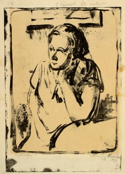 Donna seduta al tavolo rotondo con la mano sotto il mento da Henry Nielsen