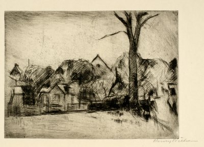 Paesaggio con albero alto e case da Henry Nielsen