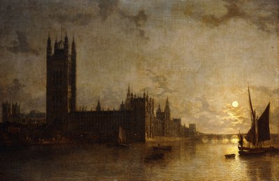 Abbazia di Westminster, le case del Parlamento con la costruzione del ponte di Westminster, 1859 da Henry Pether