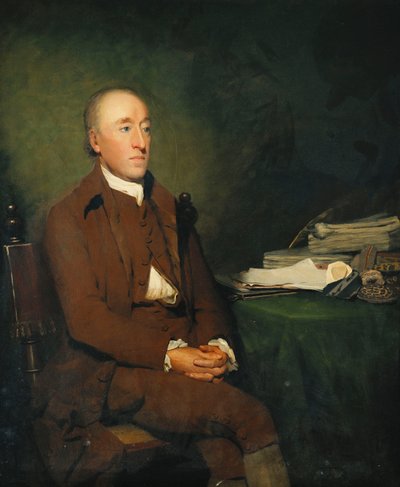 Ritratto del Dr James Hutton, seduto a tre quarti di lunghezza in una giacca marrone e pantaloni e calze bianche, un mucchio di campioni geologici sul tavolo accanto a lui da Henry Raeburn