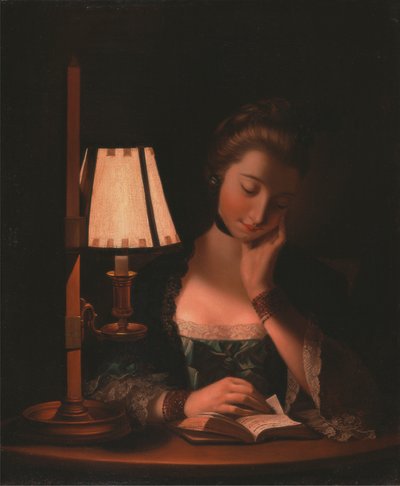 Donna che legge vicino a una lampada di carta da Henry Robert Morland