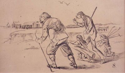 Golfisti in partenza per allenarsi sulla spiaggia, illustrazione dalla rivista 