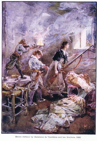 Difesa eroica di Madeleine de Vercheres e dei suoi fratelli 1692, c.1920 da Henry Sandham