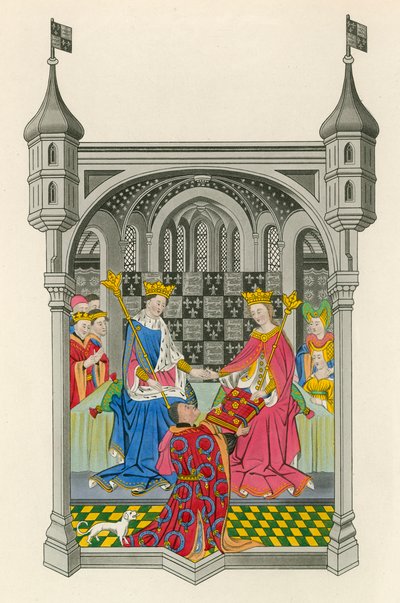John Talbot, conte di Shrewsbury, che presenta il suo libro alla regina Margherita, illustrazione da 