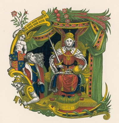 Lettera ornamentale E, con ritratto della regina Elisabetta I da Henry Shaw