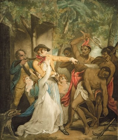 La Famiglia dei Coloni Attaccata dai Selvaggi, inciso da George Keating (1762-1842) da Henry Singleton