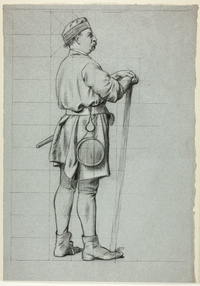 Uomo in piedi con le mani appoggiate al bastone da Henry Stacy Marks