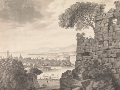 Paesaggio con rovine in primo piano, porto e villaggio sullo sfondo da Henry Swinburne