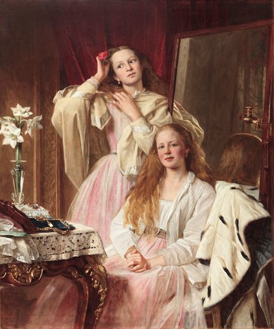 Ritratto di Emma e Frederica Bankes di Soughton Hall al loro tavolo da toeletta, 1869 da Henry Tanworth Wells