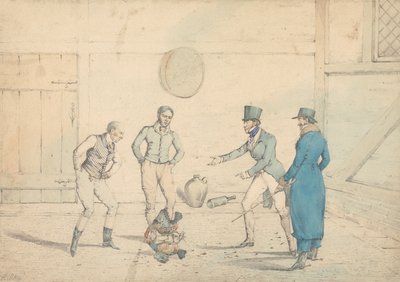 Un combattimento di galli osservato da quattro uomini in una dipendenza: Il combattimento, inciso come tavola 39 in "The National Sports of Great Britain" da Henry Thomas Alken