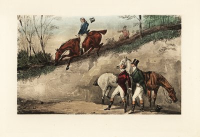 Gentiluomo inglese a cavallo che salta da una ripida scarpata da Henry Thomas Alken
