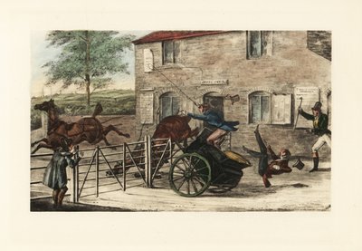 Gentiluomini inglesi in una carrozza a due cavalli che cercano di saltare un cancello a pedaggio da Henry Thomas Alken