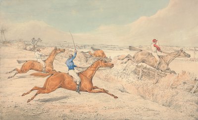 Steeplechase: quattro fantini affrontano un fossato e un oxer da Henry Thomas Alken