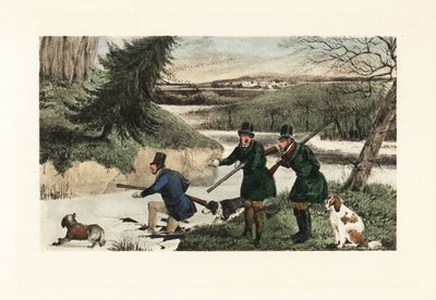 Gentiluomini vittoriani che cacciano anatre con fucili e cani su un lago ghiacciato da Henry Thomas Alken