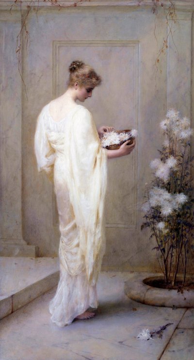 "Divinamente bella" Giovane donna vestita di bianco e con fiori in mano, simbolo di purezza. Dipinto di Henry Thomas Schaefer (1845-1915) 1893 (preraffaellita) Collezione privata da Henry Thomas Schaefer