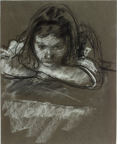 Testa e spalle di una ragazza a un tavolo da Henry Tonks
