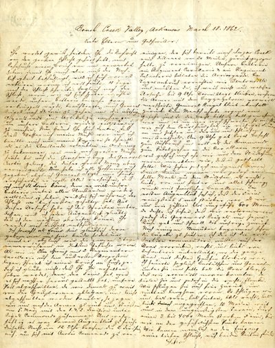 Lettera firmata Henry [Henry Voelkner], Brush Creek Valley, Arkansas, ai suoi genitori, fratelli e sorelle, 18 marzo 1862 da Henry Voelkner
