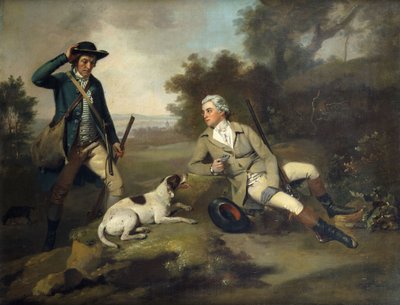 Un gentiluomo sdraiato con un fucile e un cane e il suo guardiacaccia in piedi vicino da Henry Walton