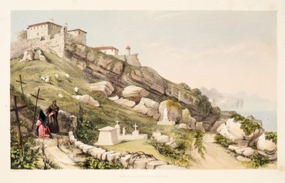 Luogo di sepoltura degli ufficiali britannici sulla collina del castello di San Sebastián, da Sketches of scenery in the Basque provinces of Spain, con una selezione di musica nazionale, pub. 1838 da Henry Wilkinson
