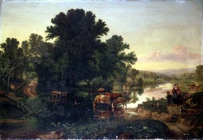 Paesaggio fluviale boscoso con bestiame che si abbevera da Henry William Banks Davis