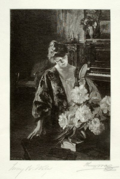 Ragazza e peonie (Lo specchio a mano) da Henry Wolf