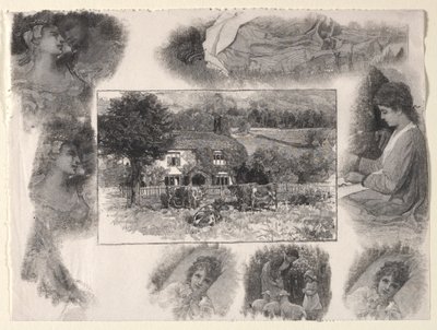 Paesaggio con cottage e mucche circondato da vari schizzi da Henry Wolf