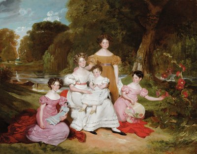 Ritratto di gruppo della famiglia Ward Hunt in un paesaggio davanti a un fiume da Henry Wyatt