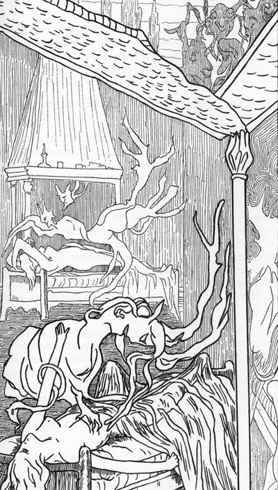 Incubi (angeli caduti per lussuria, diventano demoni e cercano di godere delle donne quando sognano o dormono) e succubi (demoni femminili che godono degli uomini durante il sonno) Disegno di Henry de Malvost da 