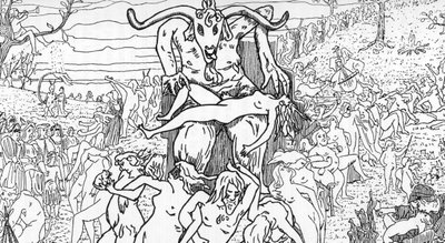 Rappresentazione di una scena di sabba assemblata da streghe presieduta da satana che dà origine a orge Disegno di Henry de Malvost da 