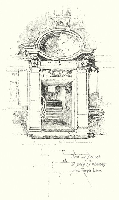 Porta e scala per le camere del Dr Johnson, Inner Temple Lane, Londra da Herbert (after) Railton