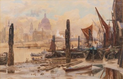 Barche ormeggiate sul Tamigi; St Pauls e il ponte di Blackfriars in lontananza da Herbert Menzies Marshall