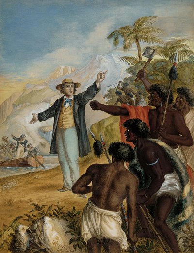 Un missionario scozzese che sbarca affrontato da Maori in guerra, 1868 da Herbert Parsons