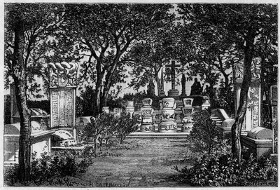 Sepolture dei gesuiti Matteo Ricci e Adam Schall von Bell a Pechino negli anni 1870. Incisione dal disegno di Catenacci, da una fotografia di Thomson, in "Le Tour du Monde, Nouveau journal des Voyages" da Hercule (after) Catenacci